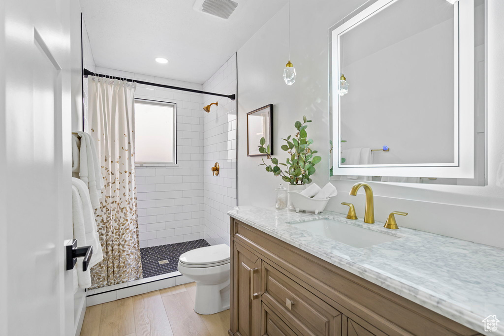 Bathroom featuring a baseboard radiator, vanity, hardwood / wood-style flooring, toilet, and a shower with curtain