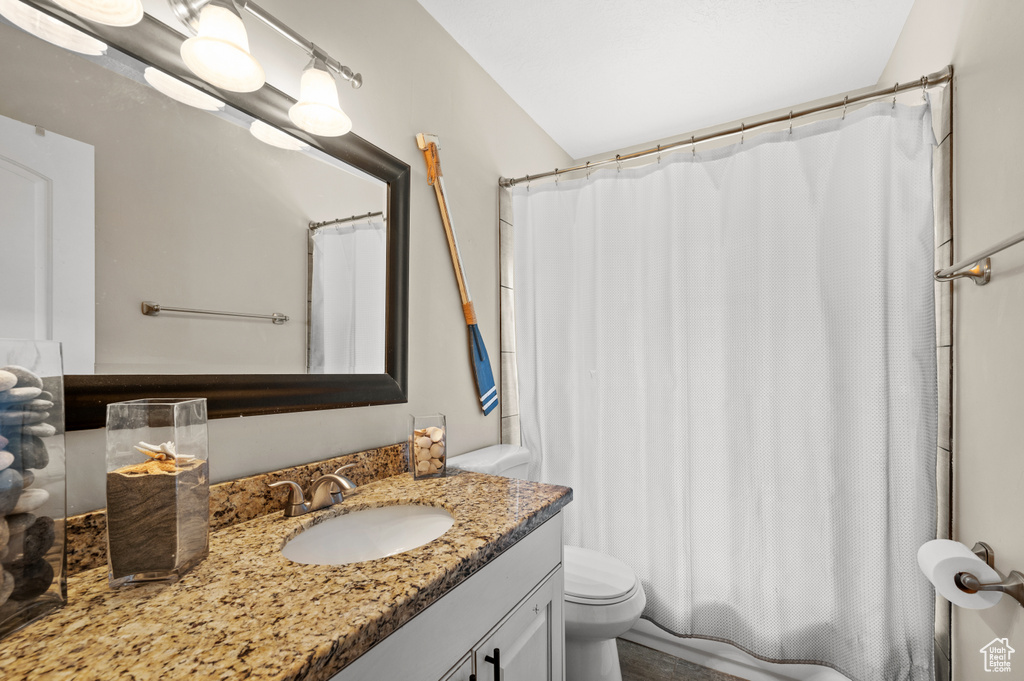 Bathroom with toilet, vanity, and lofted ceiling