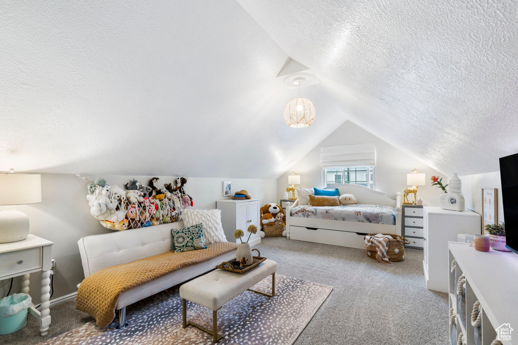 Carpeted bedroom featuring lofted ceiling and a textured ceiling