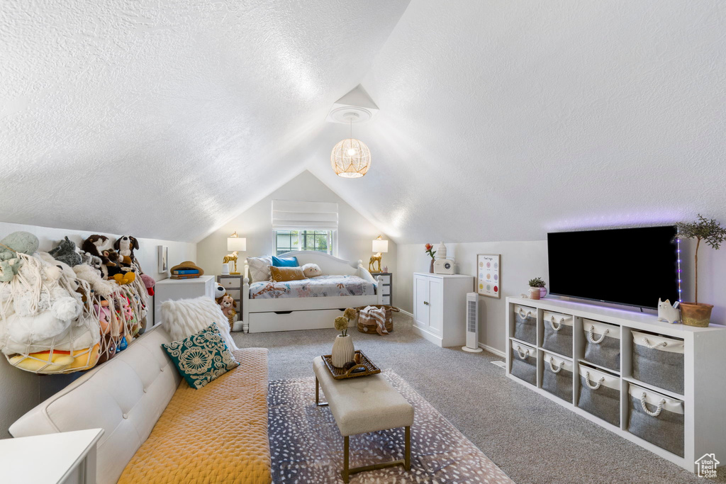 Carpeted bedroom with lofted ceiling and a textured ceiling