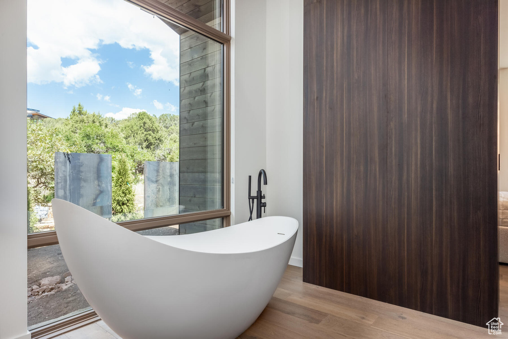 Bathroom featuring wood-type flooring and a washtub