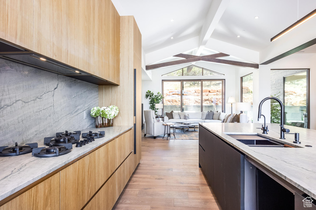 Kitchen with light wood-type flooring, light stone counters, and plenty of natural light