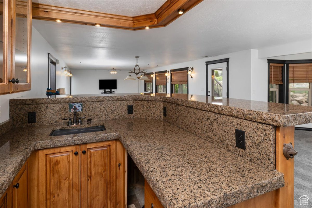 Kitchen featuring plenty of natural light, carpet, sink, and light stone countertops