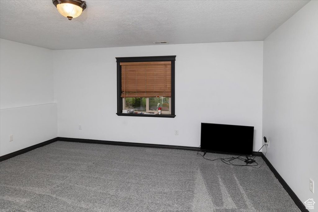 Carpeted spare room featuring a textured ceiling