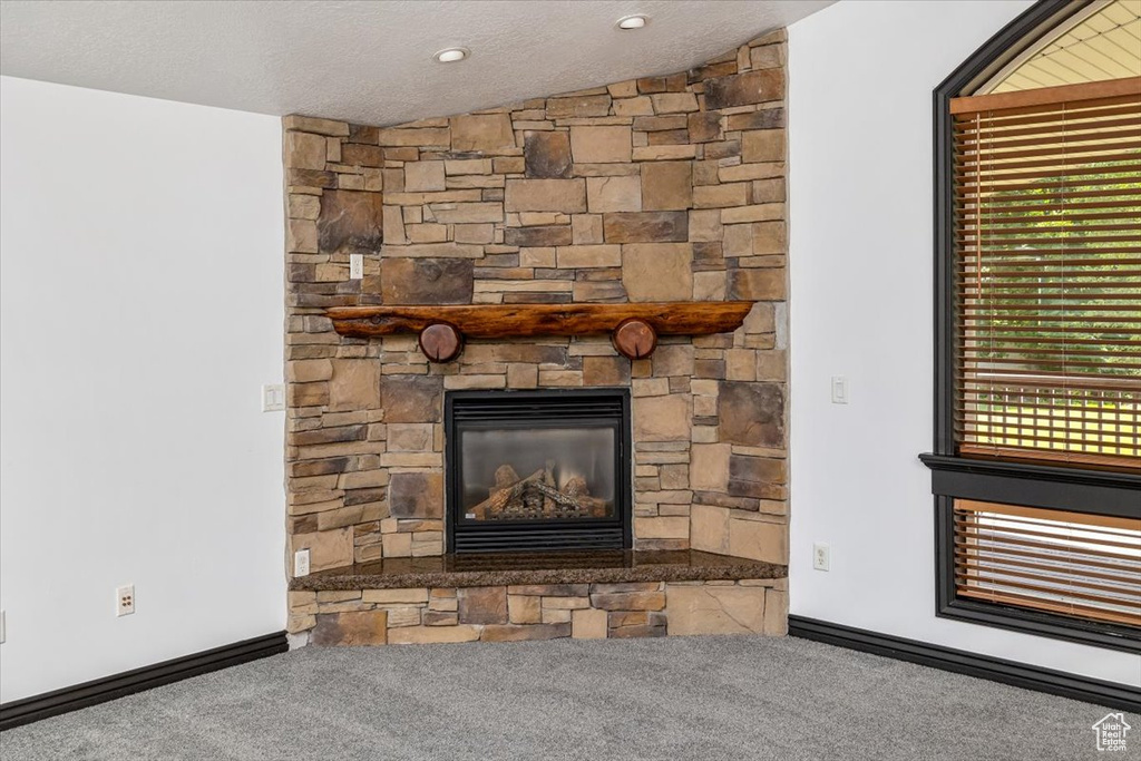 Interior details featuring a stone fireplace and carpet floors