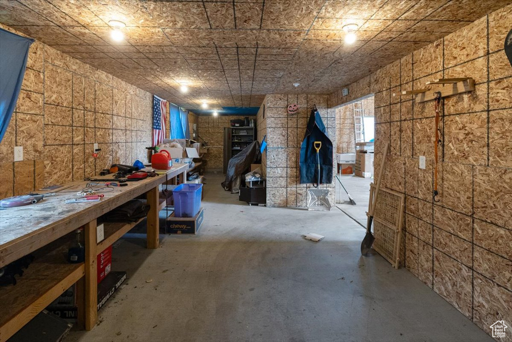 Basement with a workshop area