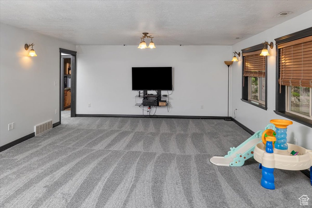 Recreation room with carpet flooring and a textured ceiling