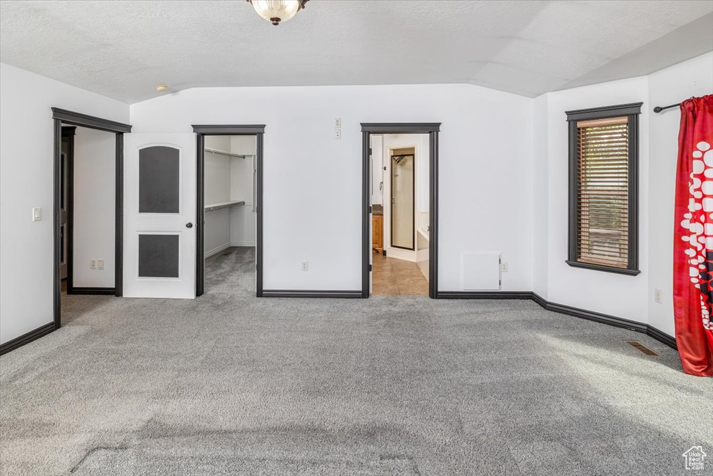 Unfurnished bedroom featuring carpet, lofted ceiling, and a spacious closet