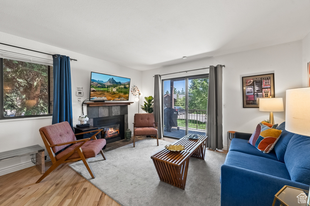 Living room with a fireplace and hardwood / wood-style floors