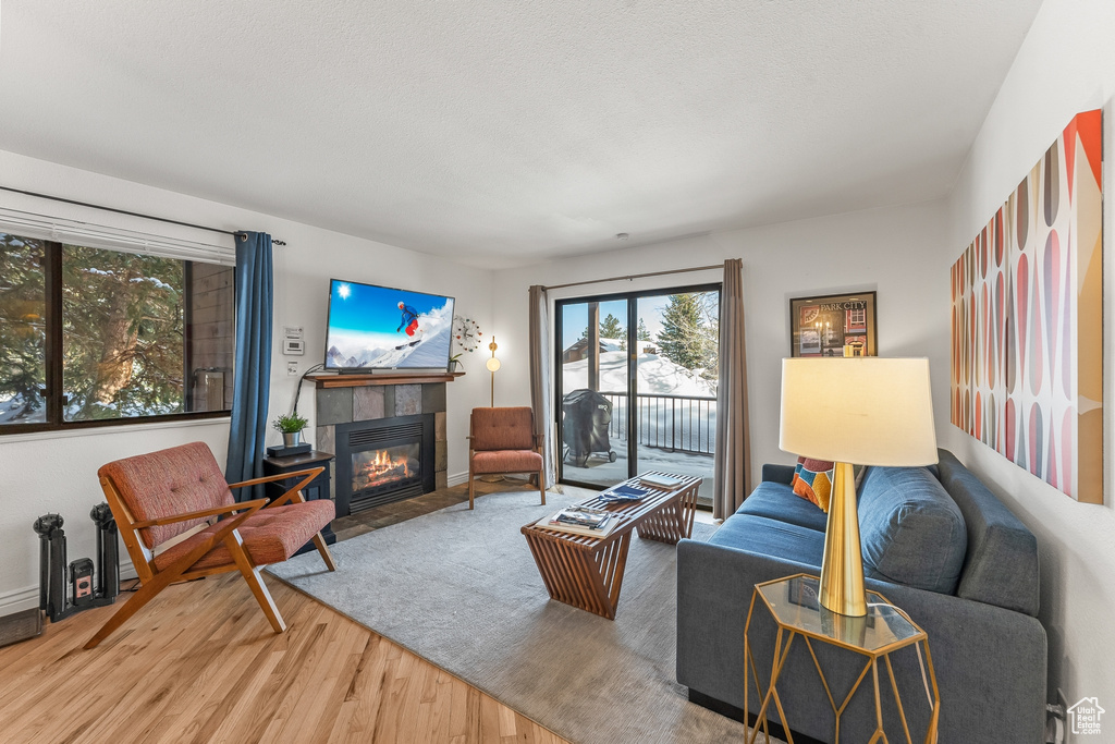 Living room featuring a tiled fireplace and hardwood / wood-style flooring