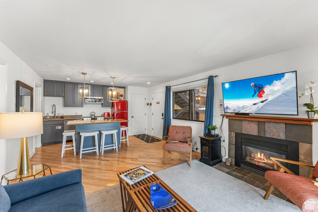 Living room with wood-type flooring, sink, and a fireplace