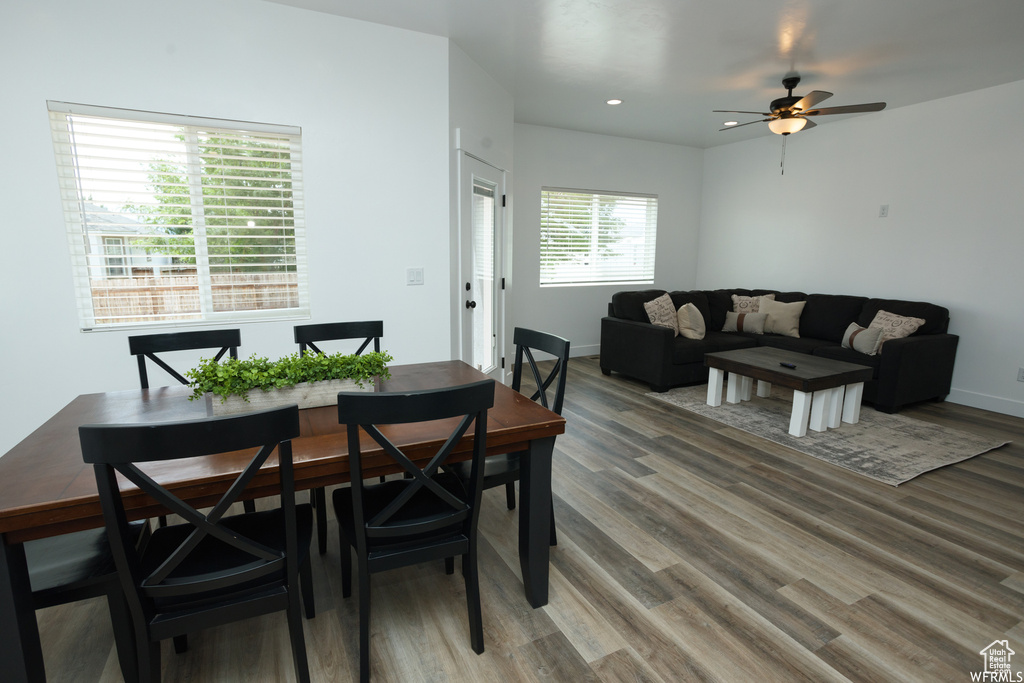 Dining space featuring hardwood / wood-style floors and ceiling fan