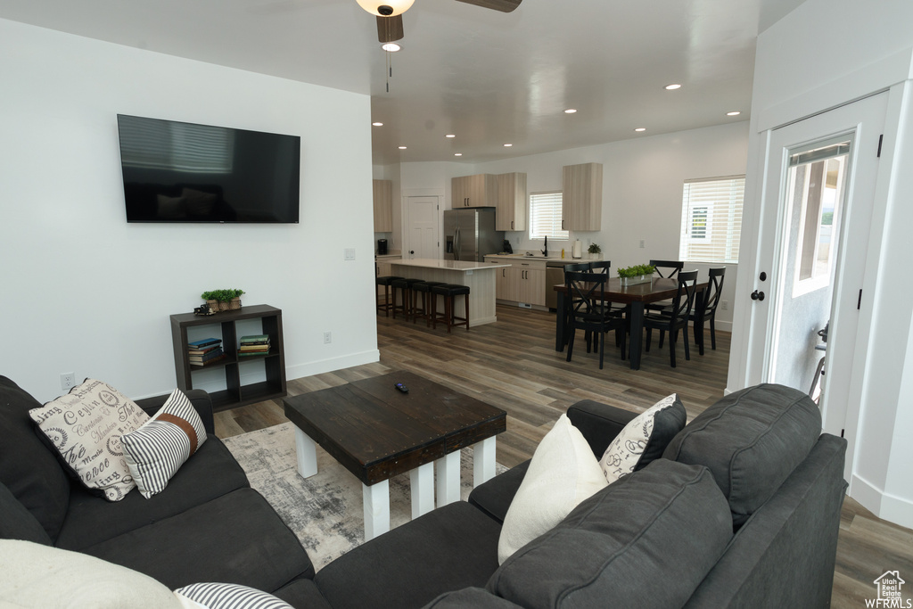 Living room featuring hardwood / wood-style flooring, ceiling fan, and sink