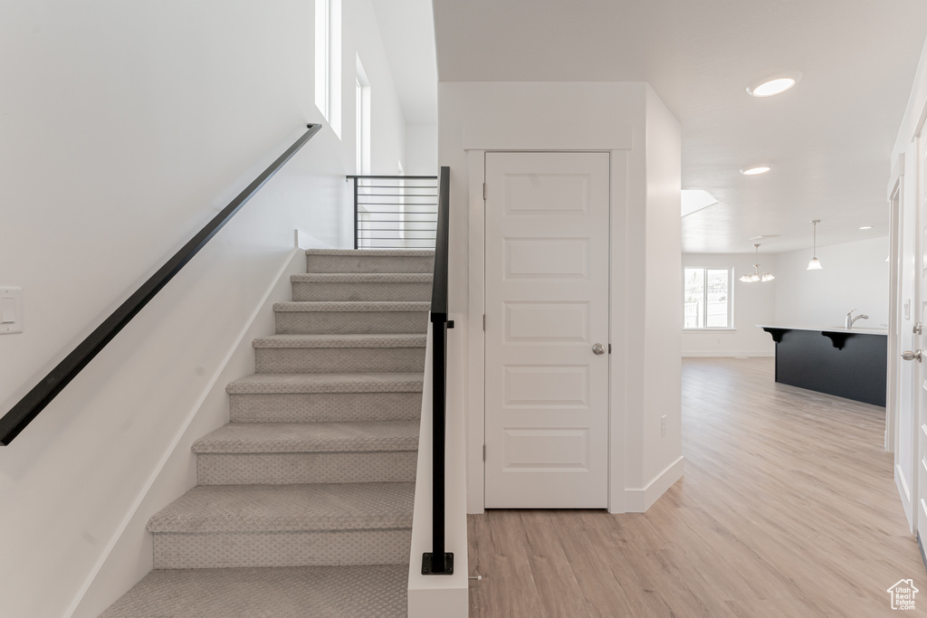 Staircase featuring hardwood / wood-style floors