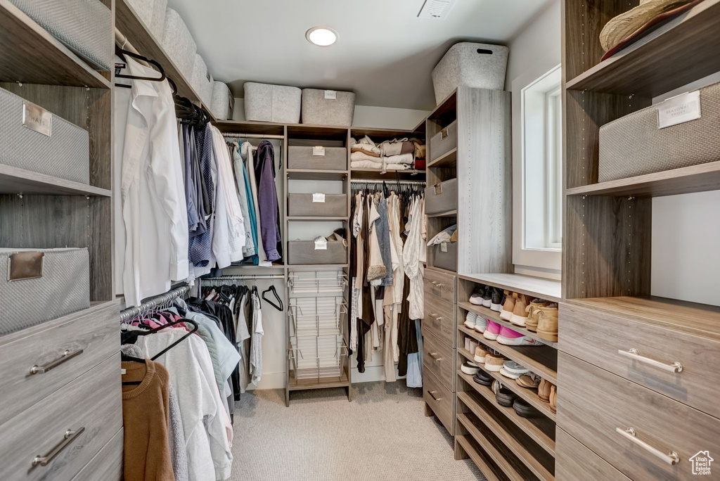 Spacious closet featuring light carpet