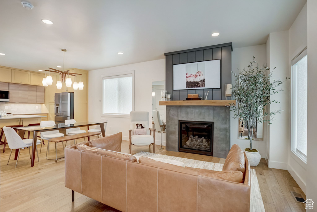 Living room featuring a healthy amount of sunlight, light wood-type flooring, and a fireplace