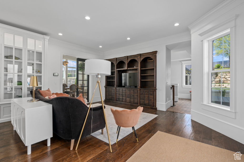 Living room featuring a healthy amount of sunlight, crown molding, and dark wood-type flooring