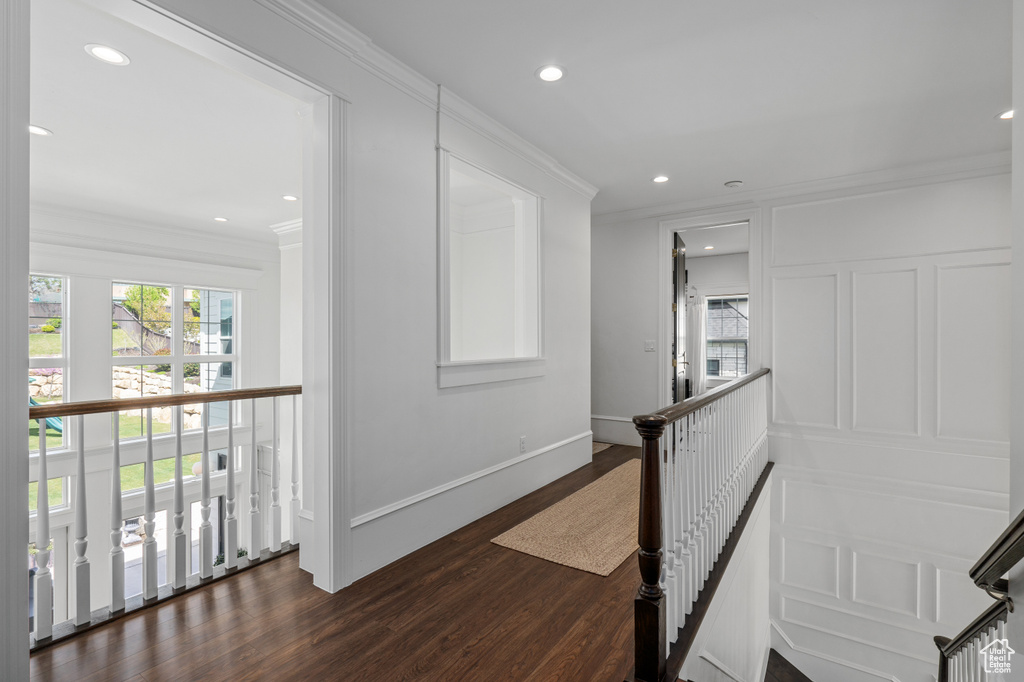 Hallway with ornamental molding and dark wood-type flooring