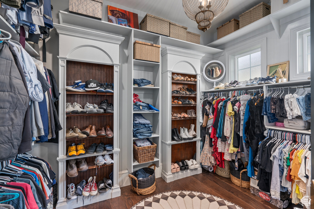 Walk in closet featuring dark hardwood / wood-style flooring and a chandelier