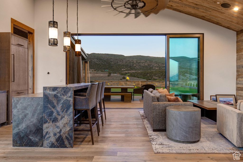 Living room featuring a wealth of natural light, a mountain view, vaulted ceiling, and light wood-type flooring