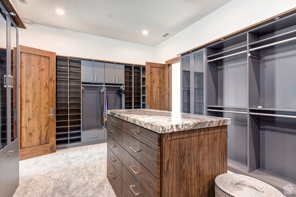 Spacious closet with light carpet