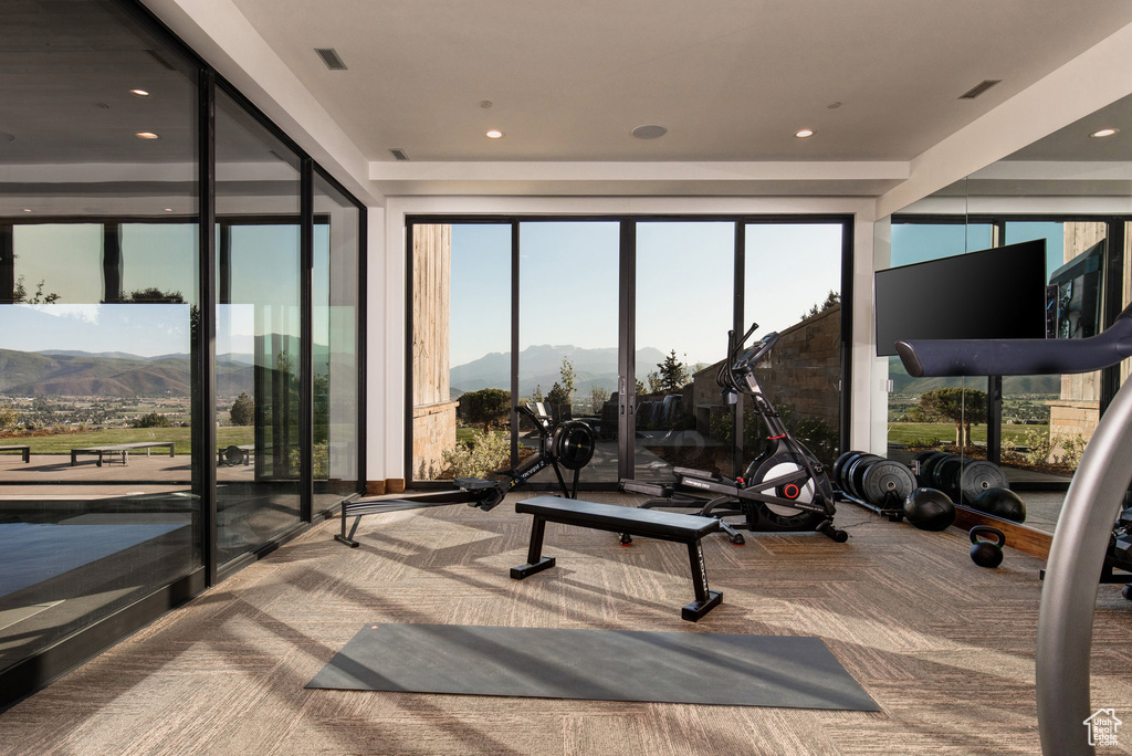 Exercise room with carpet flooring, plenty of natural light, and a mountain view