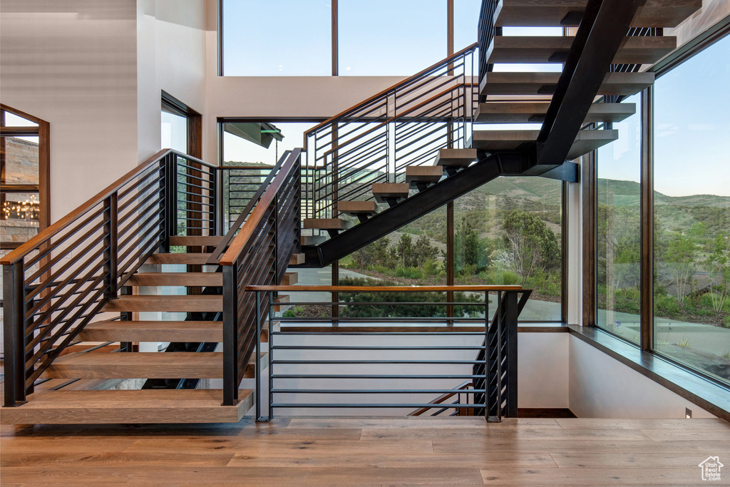 Stairway featuring hardwood / wood-style floors and a high ceiling