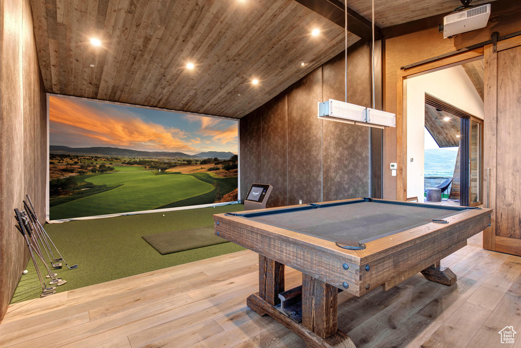 Game room with wooden ceiling, billiards, and light hardwood / wood-style flooring