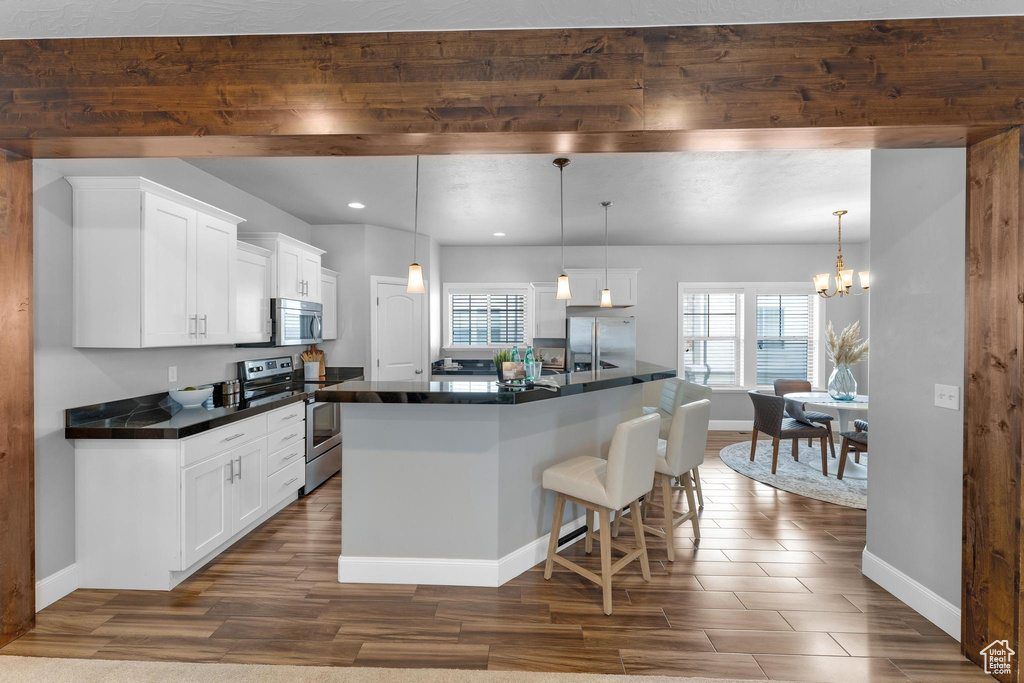 Kitchen with a wealth of natural light, stainless steel appliances, dark hardwood / wood-style flooring, and pendant lighting