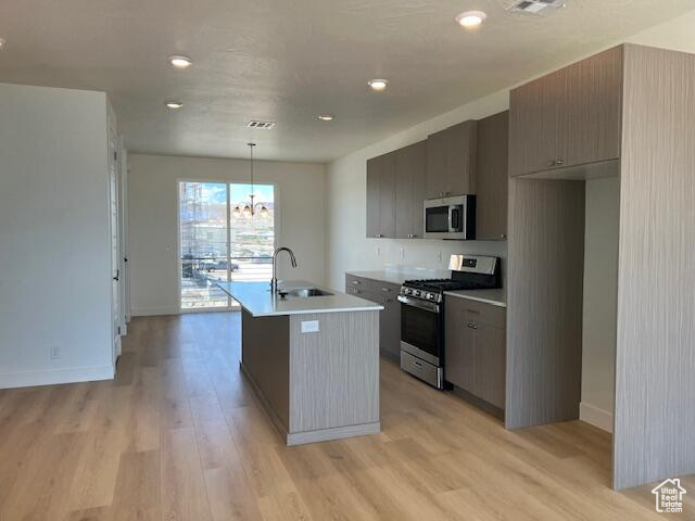 Kitchen with sink, light hardwood / wood-style flooring, stainless steel appliances, and a center island with sink