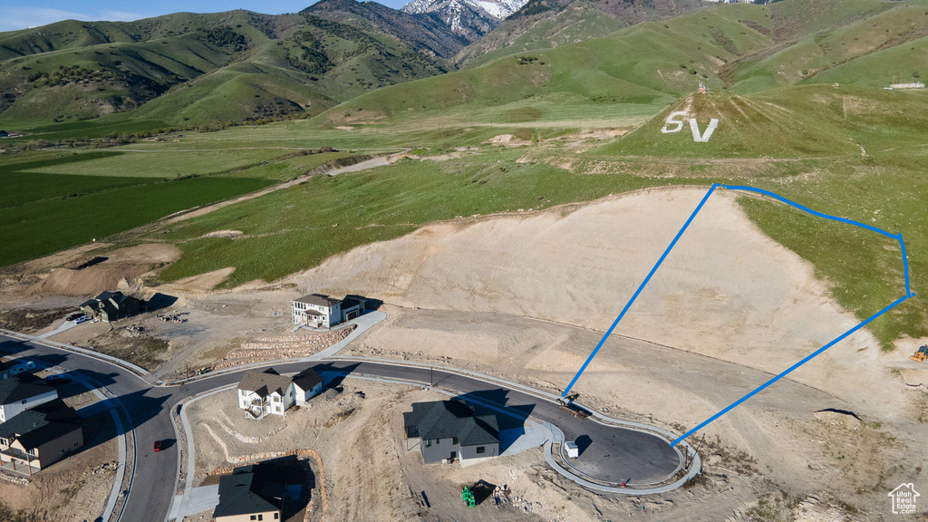 Aerial view featuring a mountain view and a rural view