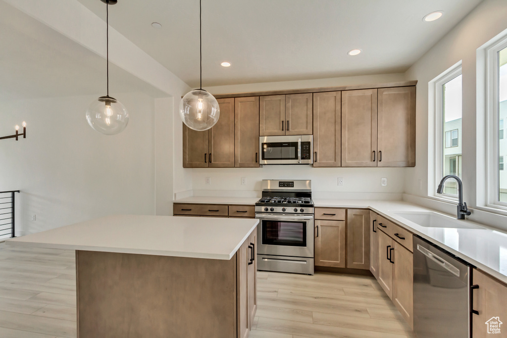 Kitchen featuring stainless steel appliances, sink, light hardwood / wood-style flooring, and a healthy amount of sunlight