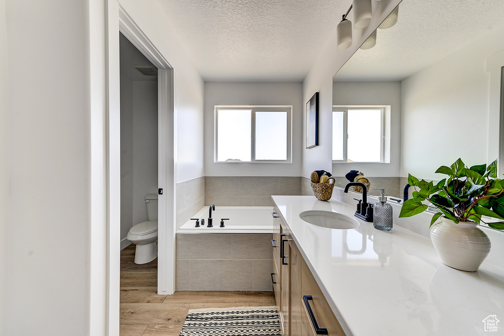 Bathroom featuring vanity, toilet, plenty of natural light, and a relaxing tiled tub