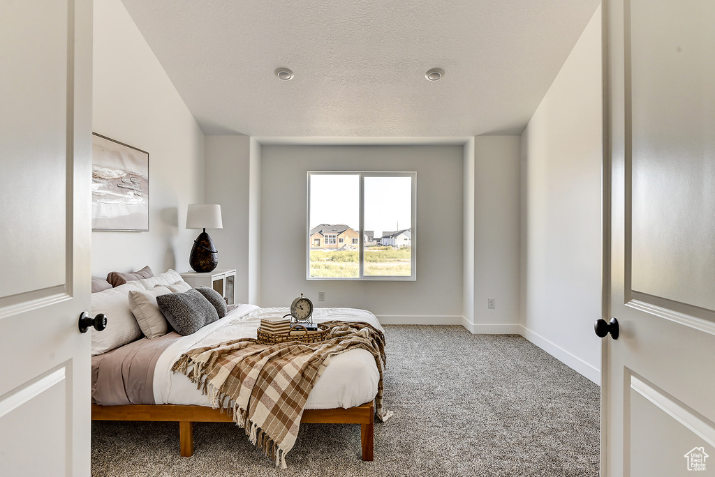 Carpeted bedroom with a textured ceiling