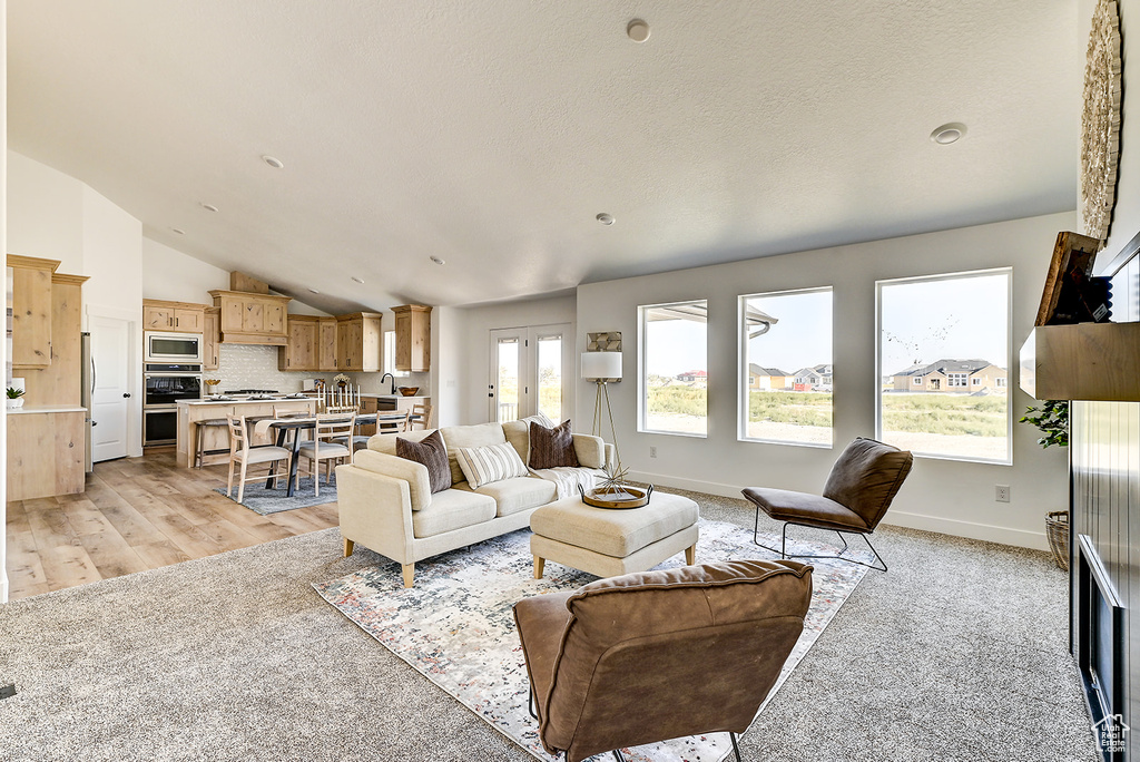 Living room featuring vaulted ceiling and light hardwood / wood-style floors