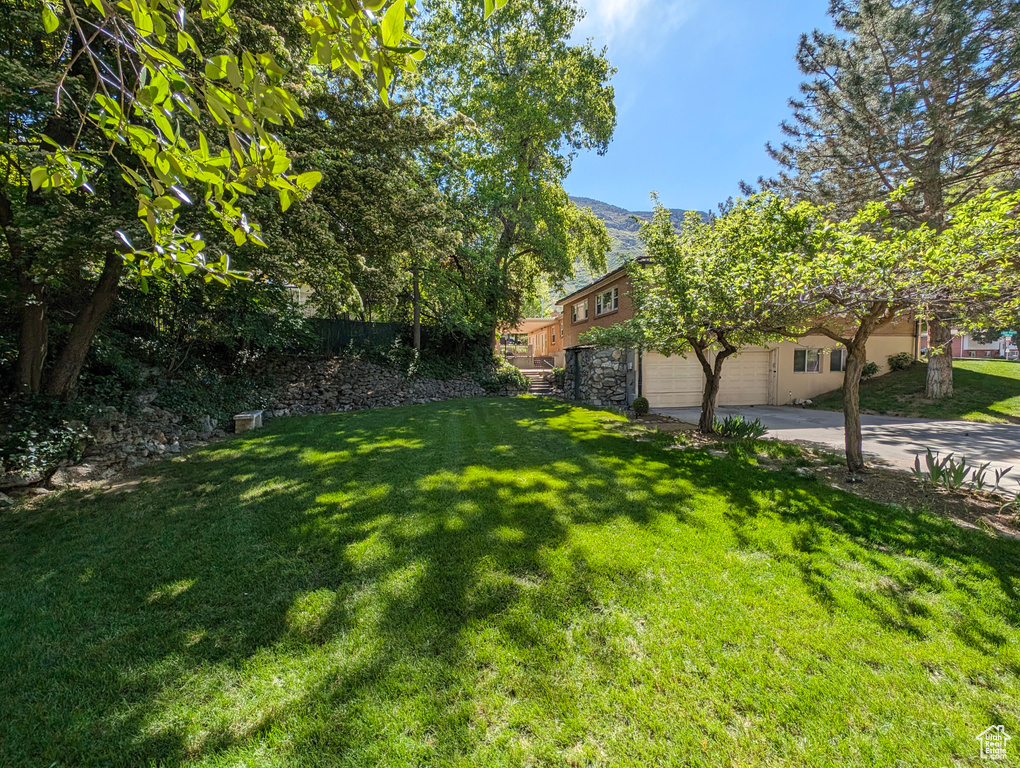 View of yard with a garage