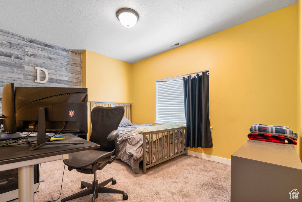 Carpeted bedroom with a textured ceiling