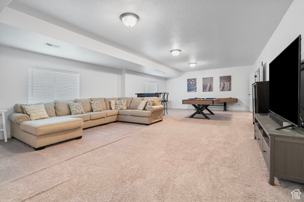 Carpeted living room with a textured ceiling and billiards