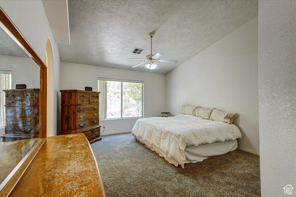 Bedroom featuring carpet, ceiling fan, vaulted ceiling, and a textured ceiling