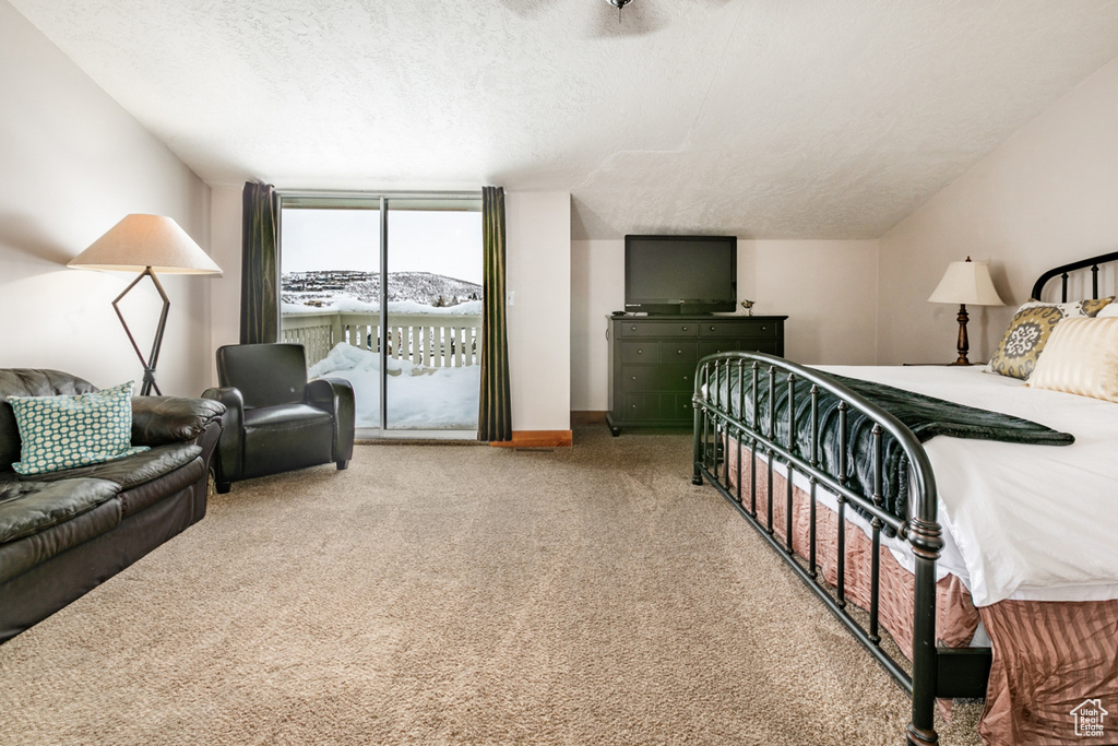 Bedroom featuring light carpet, a textured ceiling, and access to outside