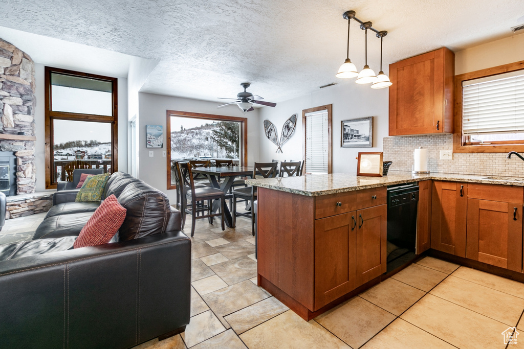 Kitchen featuring dishwasher, plenty of natural light, a textured ceiling, and a fireplace