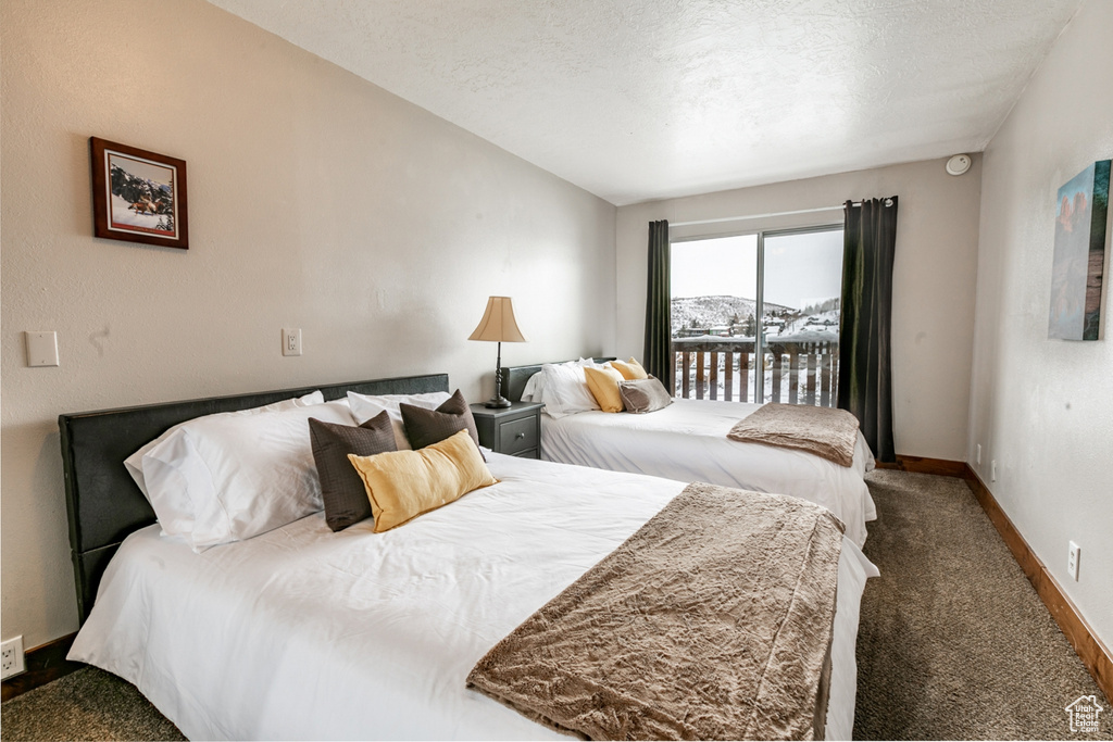 Carpeted bedroom featuring a textured ceiling and access to outside