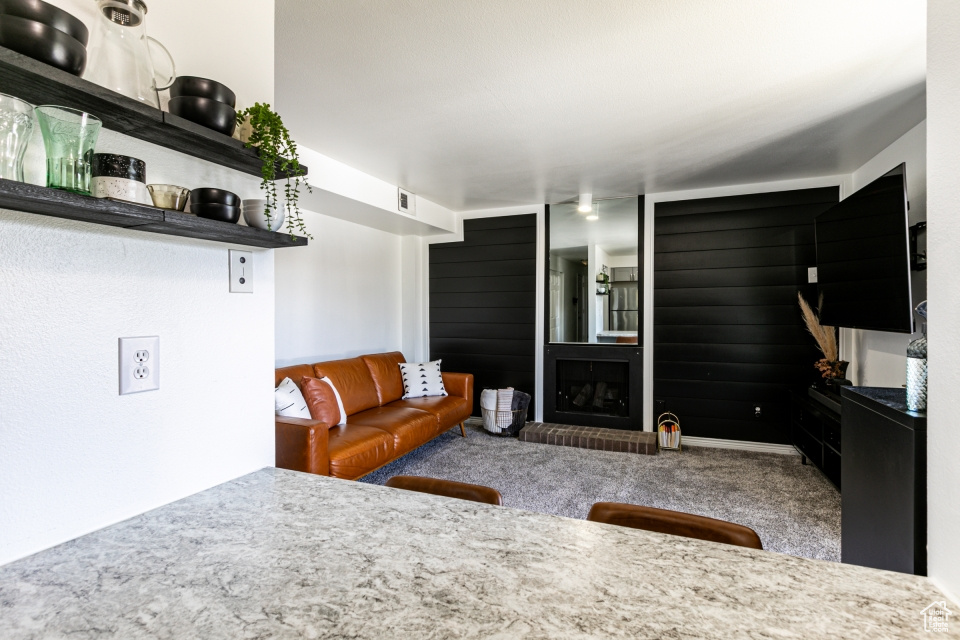 Living room featuring carpet floors