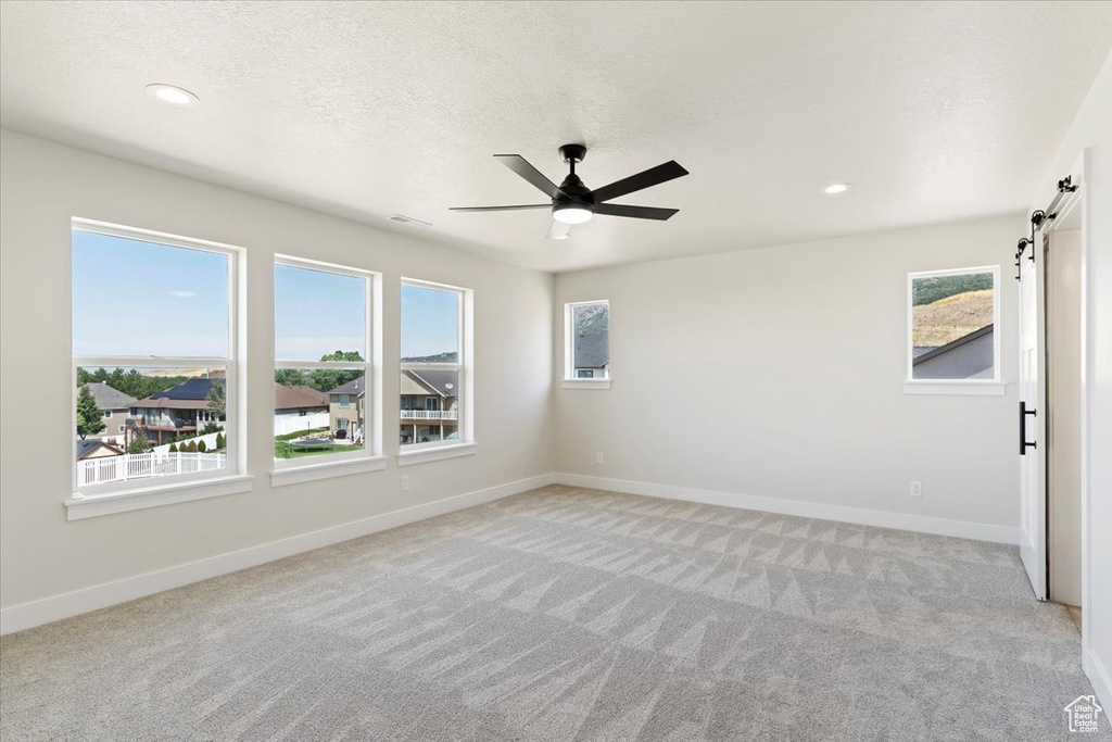 Unfurnished room with a barn door, plenty of natural light, and light colored carpet