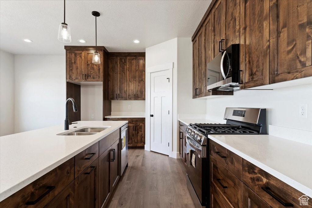 Kitchen featuring dark brown cabinets, stainless steel appliances, hanging light fixtures, sink, and dark hardwood / wood-style floors