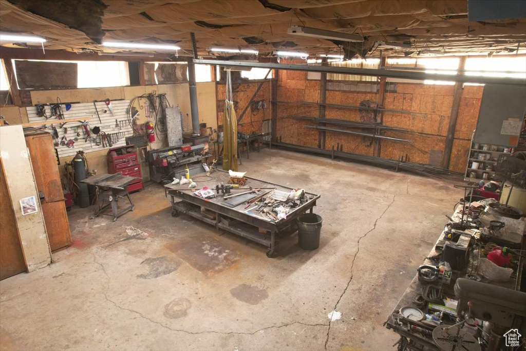 Basement featuring a workshop area