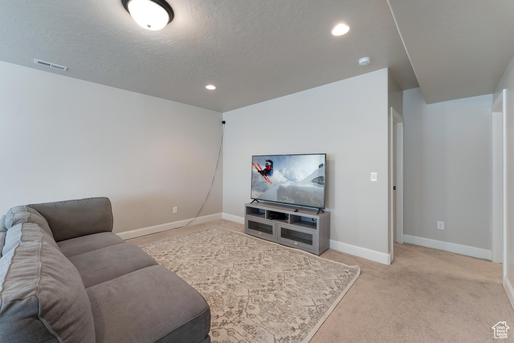 Carpeted living room featuring a textured ceiling