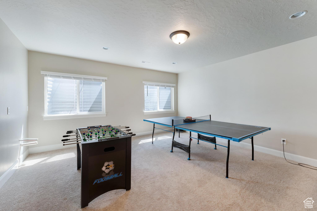 Game room with a textured ceiling and light colored carpet