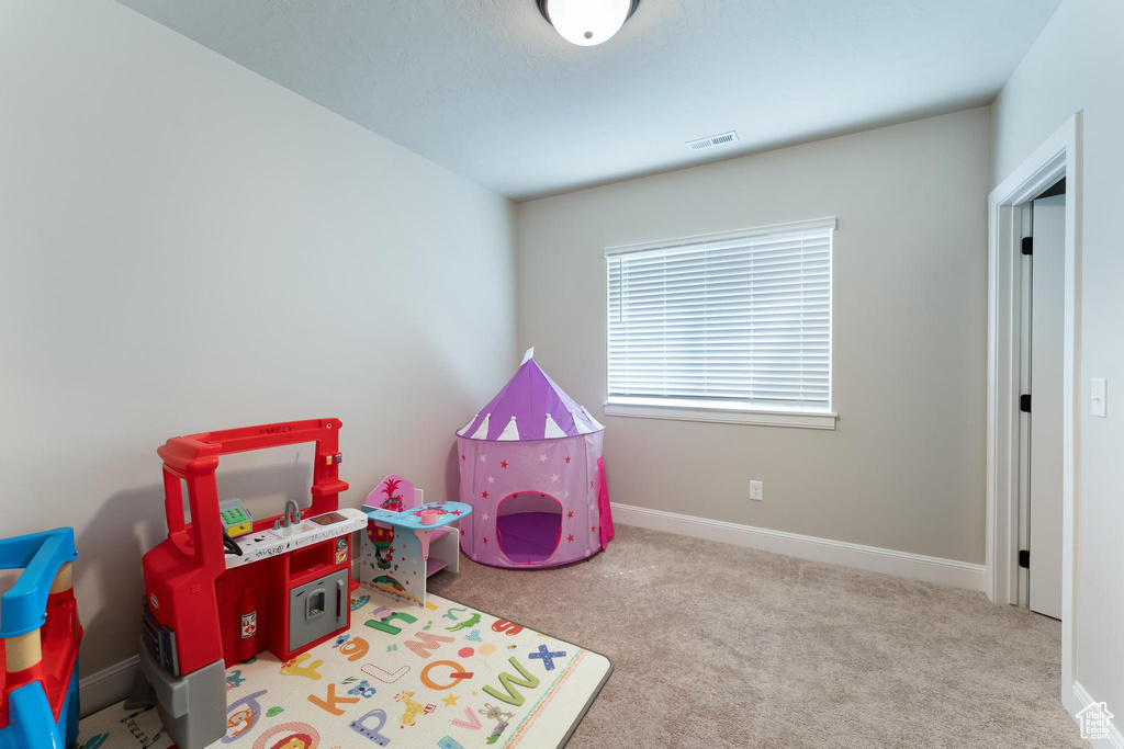 Rec room with carpet flooring