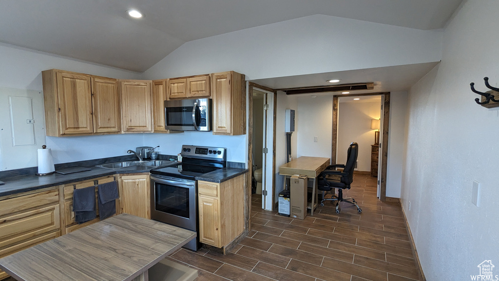 Kitchen with dark tile floors, stainless steel appliances, lofted ceiling, and sink